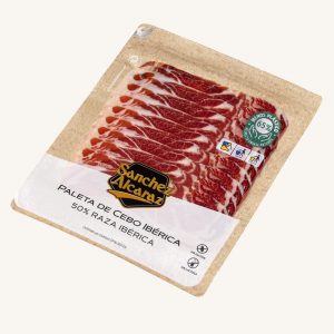 Sánchez Alcaraz Ibérico (50%) de cebo shoulder ham (paleta), white label, from Salamanca or Extremadura, pre-sliced 100 gr